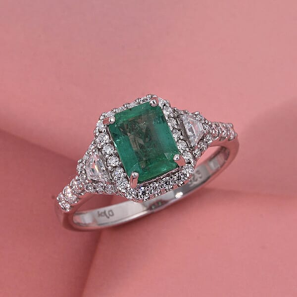 D'Joy Premium Kagem Zambian Emerald And Moissanite 2.20 Ctw Crowned Heirloom Ring In Rhodium Over Sterling Silver
