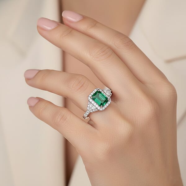 D'Joy Premium Kagem Zambian Emerald And Moissanite 2.20 Ctw Crowned Heirloom Ring In Rhodium Over Sterling Silver
