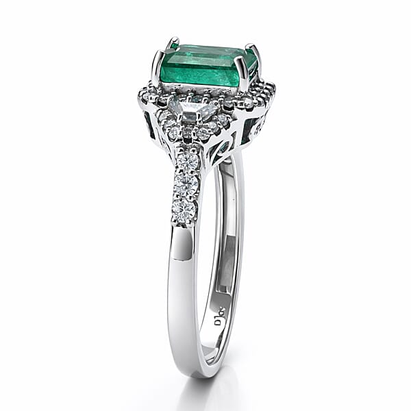 D'Joy Premium Kagem Zambian Emerald And Moissanite 2.20 Ctw Crowned Heirloom Ring In Rhodium Over Sterling Silver