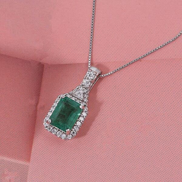 D'Joy Premium Kagem Zambian Emerald And Moissanite 2.00 Ctw Crowned Heirloom Pendant Necklace In Rhodium Over Sterling Silver 20 Inches