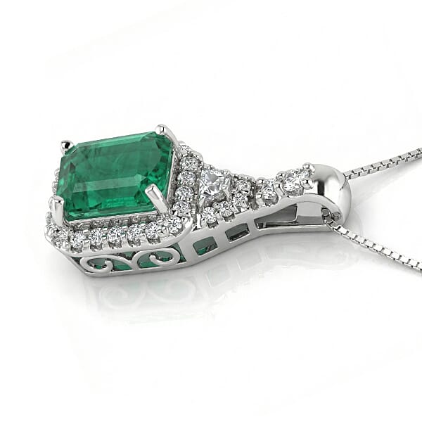 D'Joy Premium Kagem Zambian Emerald And Moissanite 2.00 Ctw Crowned Heirloom Pendant Necklace In Rhodium Over Sterling Silver 20 Inches