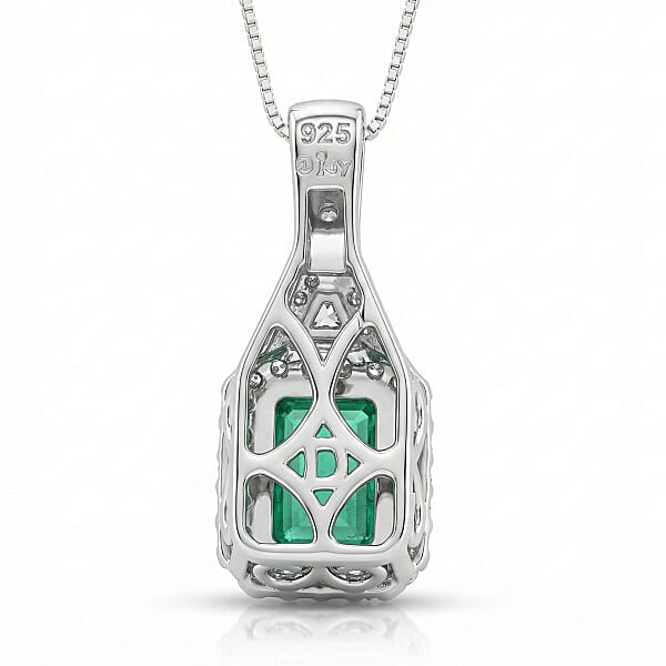 D'Joy Premium Kagem Zambian Emerald And Moissanite 2.00 Ctw Crowned Heirloom Pendant Necklace In Rhodium Over Sterling Silver 20 Inches