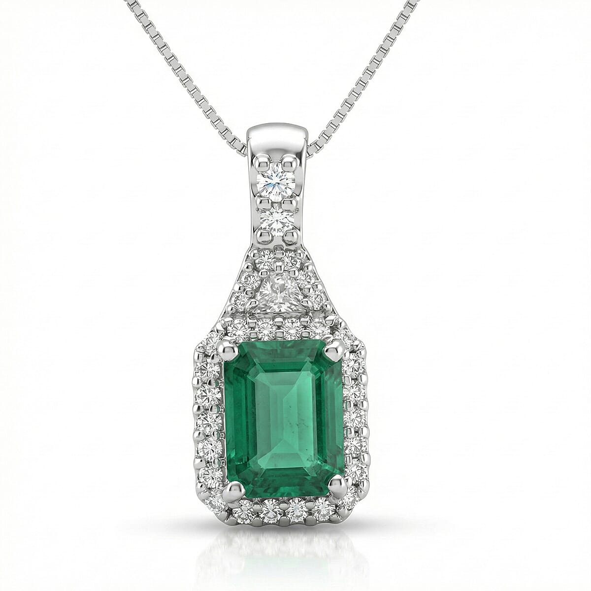 D'Joy Premium Kagem Zambian Emerald and Moissanite 2.00 ctw Crowned Heirloom Pendant Necklace in Rhodium Over Sterling Silver 20 Inches