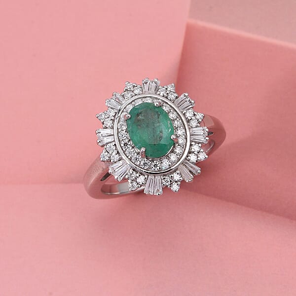 D'Joy Premium Kagem Zambian Emerald And Moissanite 2.00 Ctw Ring In Rhodium Over Sterling Silver