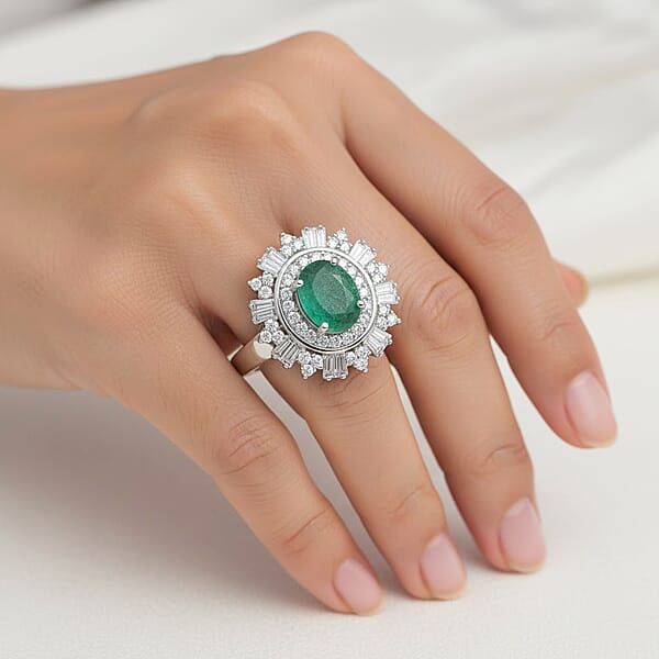 D'Joy Premium Kagem Zambian Emerald And Moissanite 2.00 Ctw Ring In Rhodium Over Sterling Silver