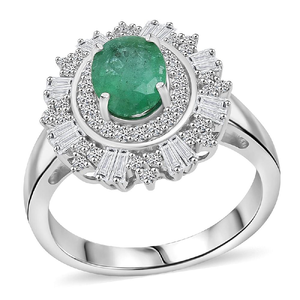 D'Joy Premium Kagem Zambian Emerald and Moissanite 2.00 ctw Ring in Rhodium Over Sterling Silver