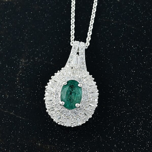 D'Joy Premium Kagem Zambian Emerald And Moissanite 1.50 Ctw Necklace In Rhodium Over Sterling Silver 20 Inches