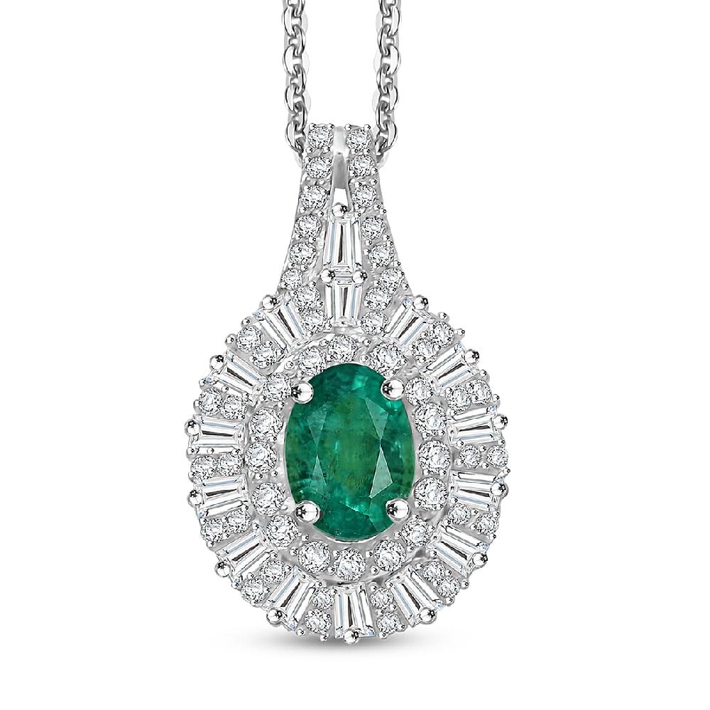 D'Joy Premium Kagem Zambian Emerald and Moissanite 1.50 ctw Necklace in Rhodium Over Sterling Silver 20 Inches