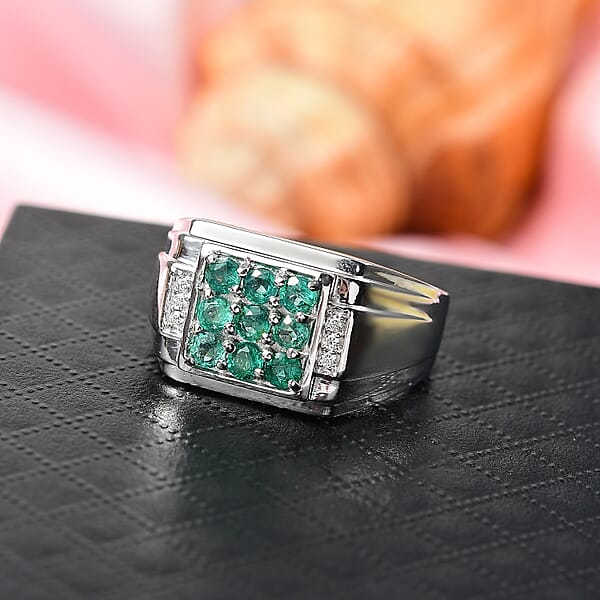 D'Joy Premium Kagem Zambian Emerald And Moissanite 1.50 Ctw Art Deco Mens Ring In Rhodium Over Sterling Silver