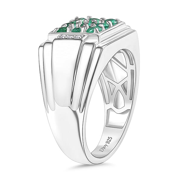 D'Joy Premium Kagem Zambian Emerald And Moissanite 1.50 Ctw Art Deco Mens Ring In Rhodium Over Sterling Silver