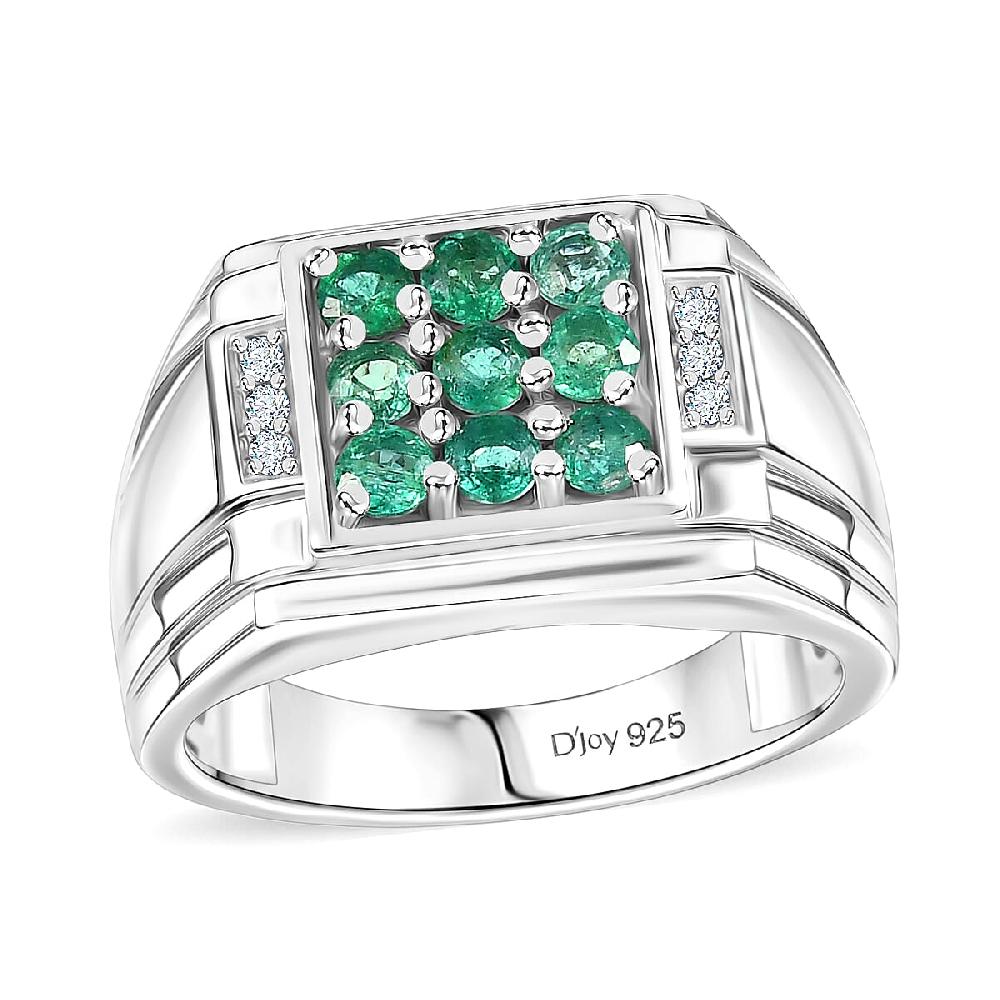 D'Joy Premium Kagem Zambian Emerald and Moissanite 1.50 ctw Art Deco Mens Ring in Rhodium Over Sterling Silver