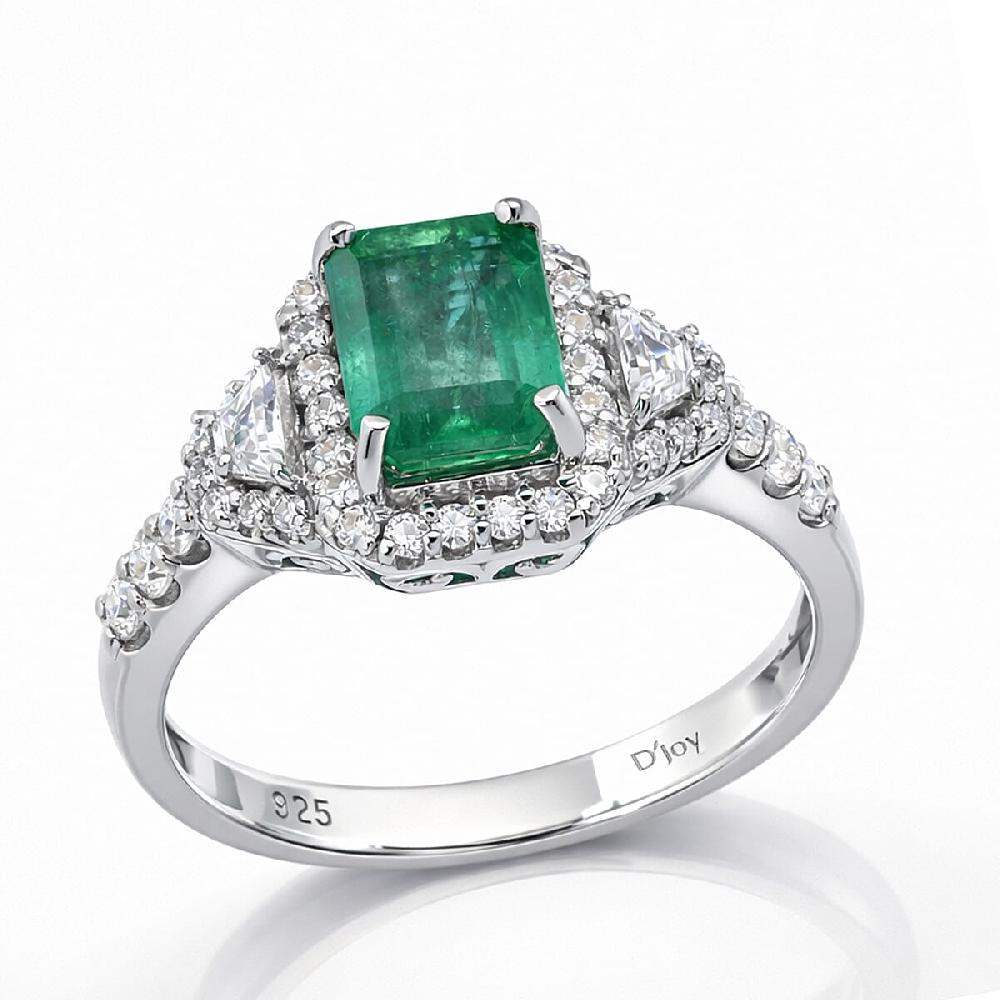 D'Joy Premium Kagem Zambian Emerald and Moissanite 2.20 ctw Crowned Heirloom Ring in Rhodium Over Sterling Silver