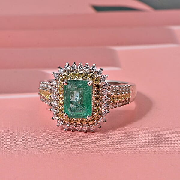 D'Joy Premium Kagem Zambian Emerald And Multi Gemstone 2.40 Ctw Regal Halo Ring In Rhodium Over Sterling Silver