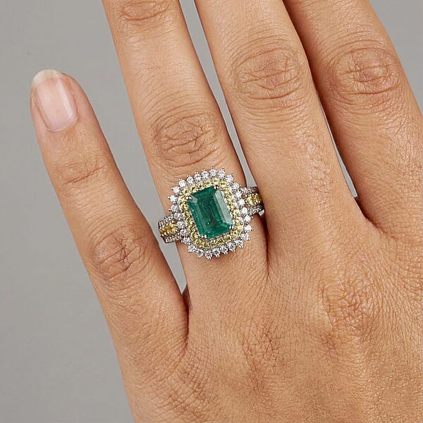 D'Joy Premium Kagem Zambian Emerald And Multi Gemstone 2.40 Ctw Regal Halo Ring In Rhodium Over Sterling Silver