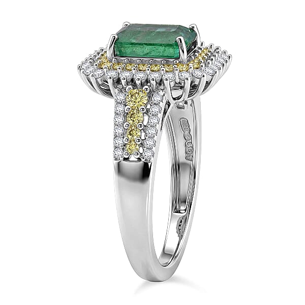 D'Joy Premium Kagem Zambian Emerald And Multi Gemstone 2.40 Ctw Regal Halo Ring In Rhodium Over Sterling Silver