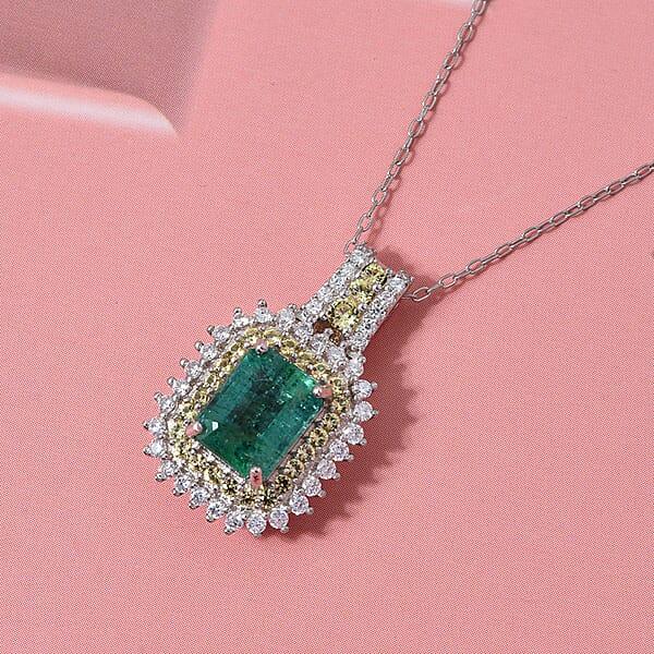 D'Joy Premium Kagem Zambian Emerald And Multi Gemstone 2.25 Ctw Regal Halo Pendant Necklace In Rhodium Over Sterling Silver 20 Inches