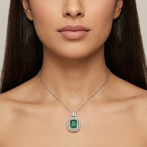 D'Joy Premium Kagem Zambian Emerald And Multi Gemstone 2.25 Ctw Regal Halo Pendant Necklace In Rhodium Over Sterling Silver 20 Inches