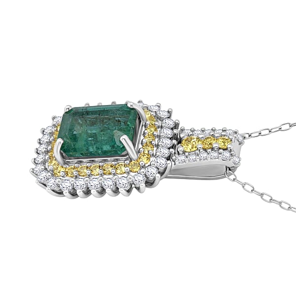D'Joy Premium Kagem Zambian Emerald And Multi Gemstone 2.25 Ctw Regal Halo Pendant Necklace In Rhodium Over Sterling Silver 20 Inches