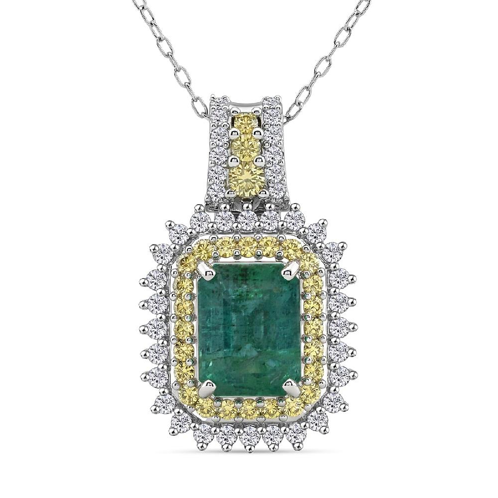 D'Joy Premium Kagem Zambian Emerald and Multi Gemstone 2.25 ctw Regal Halo Pendant Necklace in Rhodium Over Sterling Silver 20 Inches