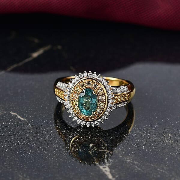 D'Joy Premium Kagem Zambian Emerald And Multi Gemstone 1.40 Ctw Ring In 18K Vermeil Yellow Gold Over Sterling Silver