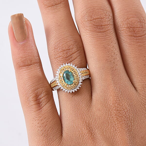 D'Joy Premium Kagem Zambian Emerald And Multi Gemstone 1.40 Ctw Ring In 18K Vermeil Yellow Gold Over Sterling Silver
