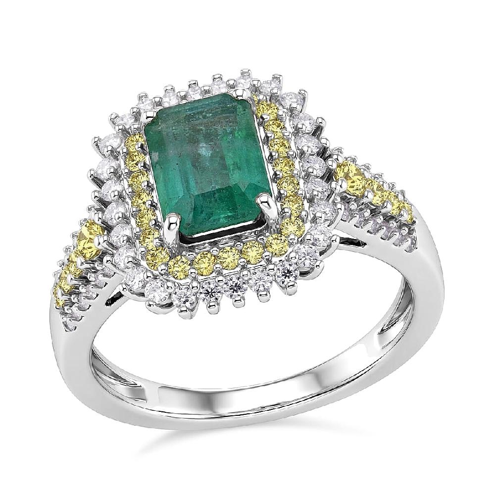D'Joy Premium Kagem Zambian Emerald and Multi Gemstone 2.40 ctw Regal Halo Ring in Rhodium Over Sterling Silver
