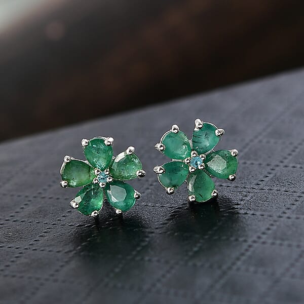 D'Joy Premium Kagem Zambian Emerald And Paraiba Tourmaline 1.35 Ctw Floral Wrap Earrings In Rhodium Over Sterling Silver