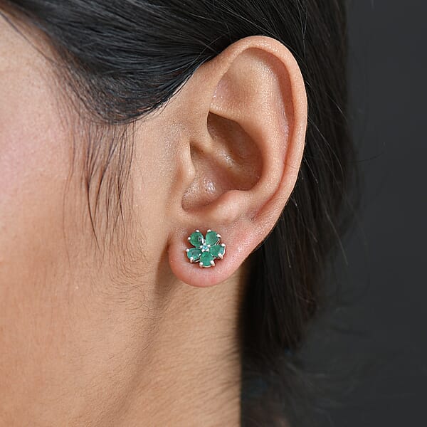 D'Joy Premium Kagem Zambian Emerald And Paraiba Tourmaline 1.35 Ctw Floral Wrap Earrings In Rhodium Over Sterling Silver