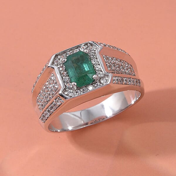 D'Joy Premium Kagem Zambian Emerald And White Zircon 2.00 Ctw Regal Heritage Men's Ring In Rhodium Over Sterling Silver