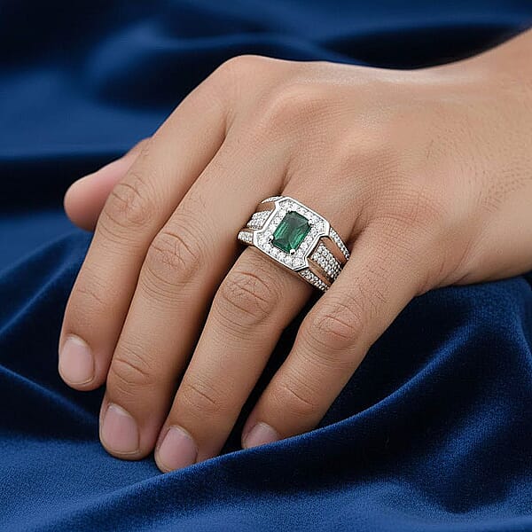 D'Joy Premium Kagem Zambian Emerald And White Zircon 2.00 Ctw Regal Heritage Men's Ring In Rhodium Over Sterling Silver