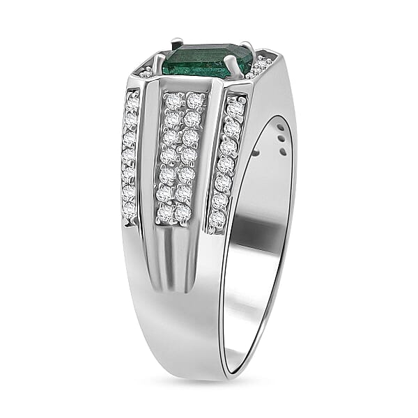 D'Joy Premium Kagem Zambian Emerald And White Zircon 2.00 Ctw Regal Heritage Men's Ring In Rhodium Over Sterling Silver