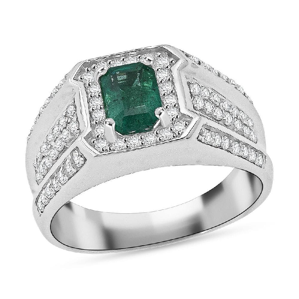 D'Joy Premium Kagem Zambian Emerald and White Zircon 2.00 ctw Regal Heritage Men's Ring in Rhodium Over Sterling Silver