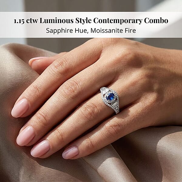 D'Joy Premium Kanchanaburi Blue Sapphire And Moissanite 1.15 Ctw Regal Radiance Ring In Rhodium Over Sterling Silver