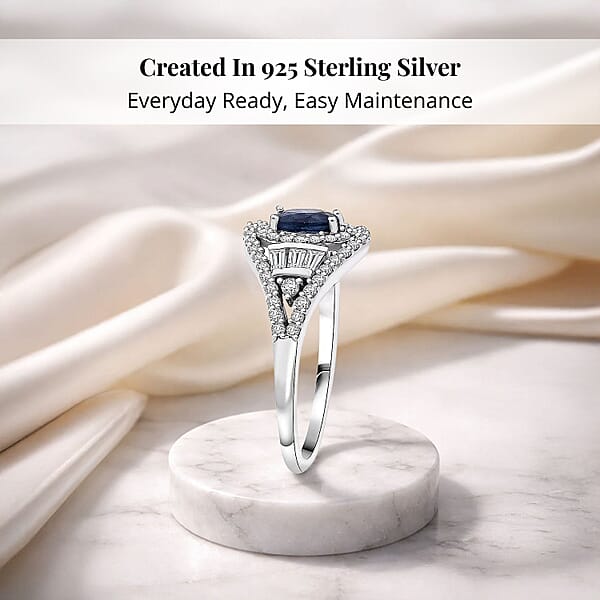 D'Joy Premium Kanchanaburi Blue Sapphire And Moissanite 1.15 Ctw Regal Radiance Ring In Rhodium Over Sterling Silver