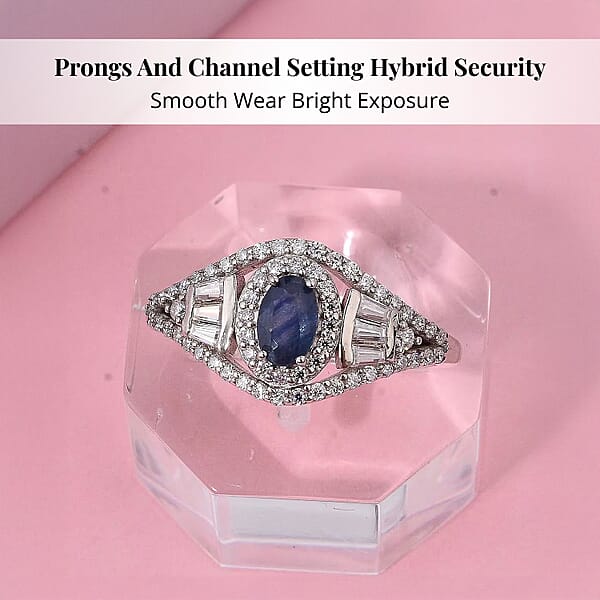 D'Joy Premium Kanchanaburi Blue Sapphire And Moissanite 1.15 Ctw Regal Radiance Ring In Rhodium Over Sterling Silver