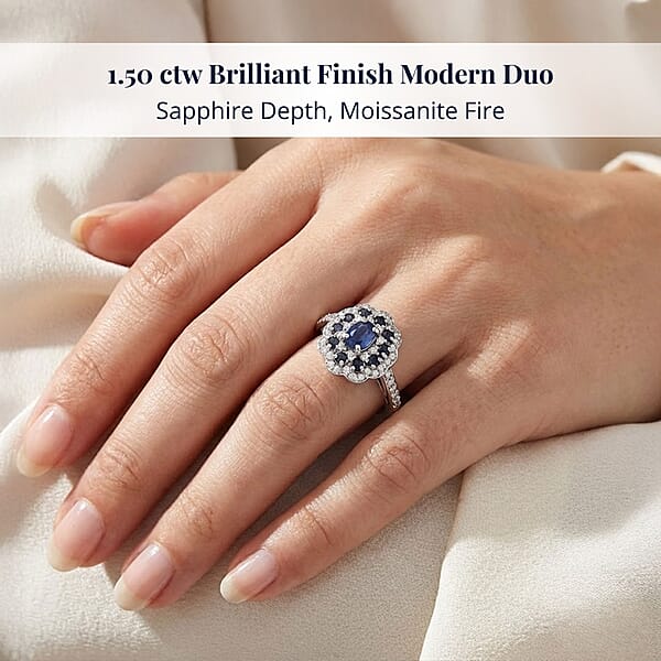 D'Joy Premium Kanchanaburi Blue Sapphire And Moissanite 1.50 Ctw Imperial Bloom Ring In Rhodium Over Sterling Silver