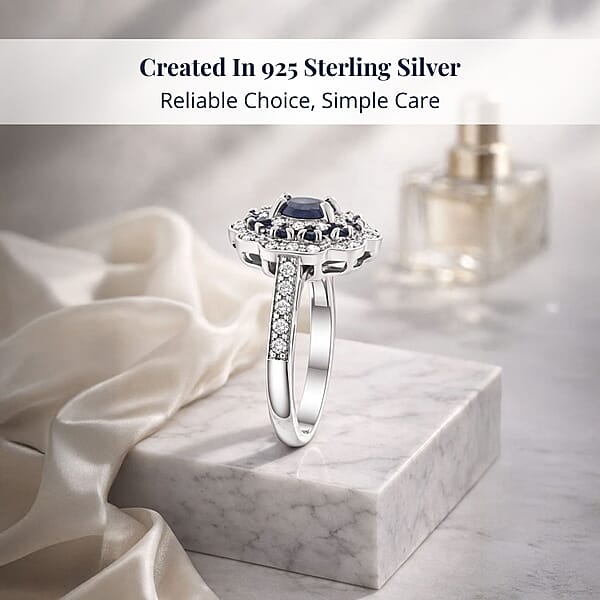 D'Joy Premium Kanchanaburi Blue Sapphire And Moissanite 1.50 Ctw Imperial Bloom Ring In Rhodium Over Sterling Silver