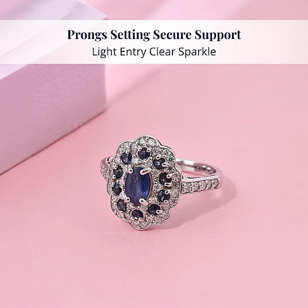 D'Joy Premium Kanchanaburi Blue Sapphire And Moissanite 1.50 Ctw Imperial Bloom Ring In Rhodium Over Sterling Silver