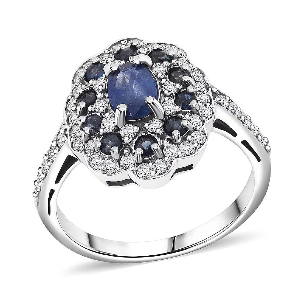 D'Joy Premium Kanchanaburi Blue Sapphire and Moissanite 1.50 ctw Imperial Bloom Ring in Rhodium Over Sterling Silver