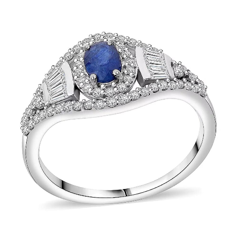 D'Joy Premium Kanchanaburi Blue Sapphire and Moissanite 1.15 ctw Regal Radiance Ring in Rhodium Over Sterling Silver