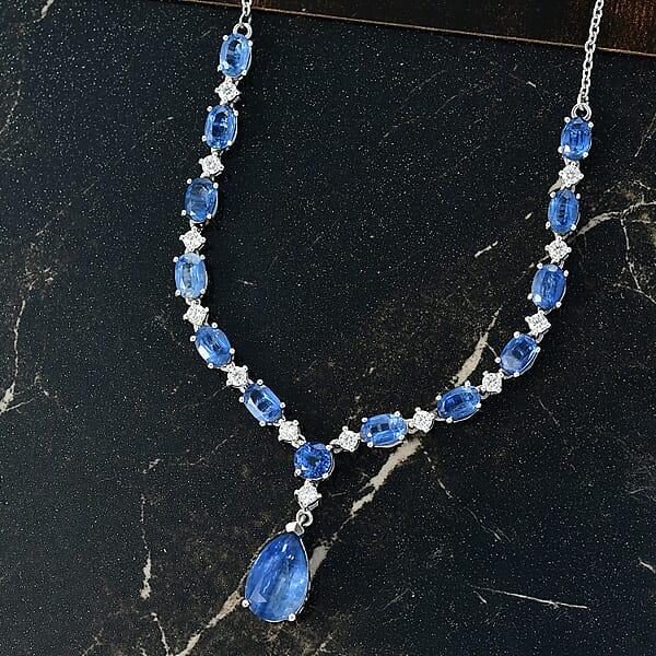 D'Joy Premium Kashmir Kyanite And Moissanite 12.80 Ctw Starfall Embrace Necklace 18 Inches In Rhodium Over Sterling Silver