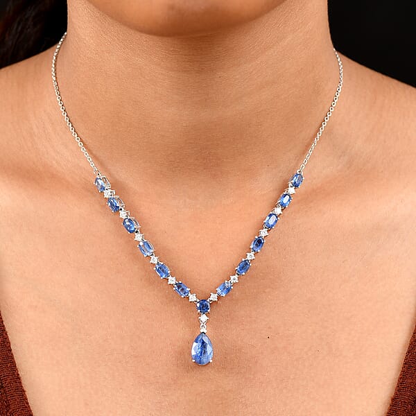 D'Joy Premium Kashmir Kyanite And Moissanite 12.80 Ctw Starfall Embrace Necklace 18 Inches In Rhodium Over Sterling Silver