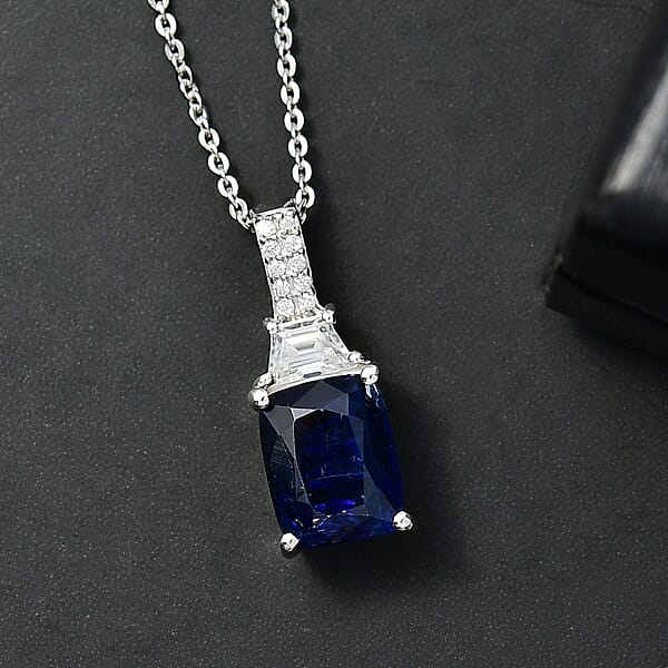 D'Joy Premium Kashmir Kyanite And Moissanite 2.90 Ctw The Midnight Tide Pendant Necklace In Rhodium Over Sterling Silver 20 Inches