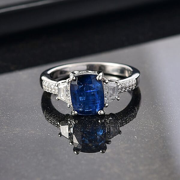 D'Joy Premium Kashmir Kyanite And Moissanite 3.15 Ctw The Midnight Tide Ring In Rhodium Over Sterling Silver