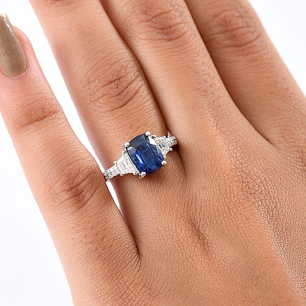 D'Joy Premium Kashmir Kyanite And Moissanite 3.15 Ctw The Midnight Tide Ring In Rhodium Over Sterling Silver