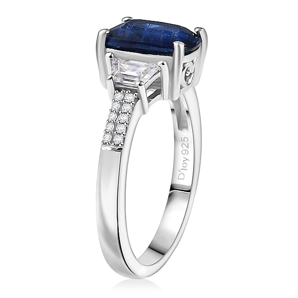 D'Joy Premium Kashmir Kyanite And Moissanite 3.15 Ctw The Midnight Tide Ring In Rhodium Over Sterling Silver