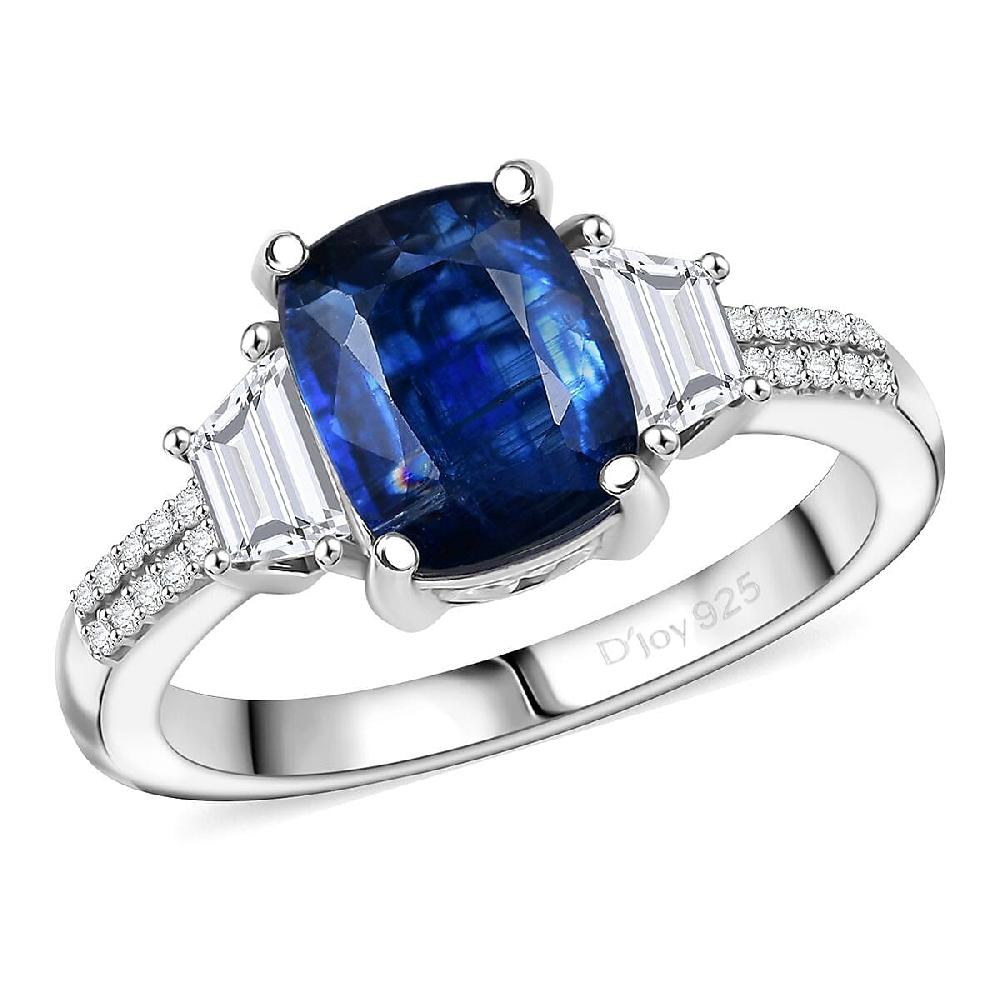 D'Joy Premium Kashmir Kyanite and Moissanite 3.15 ctw The Midnight Tide Ring in Rhodium Over Sterling Silver