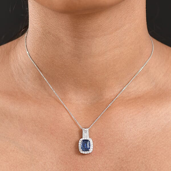 D'Joy Premium Kashmir Kyanite And Moissanite 4.35 Ctw Midnight Majesty Pendant Necklace In Rhodium Over Sterling Silver 20 Inches