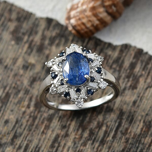 D'Joy Premium Kashmir Kyanite And Multi Gemstone 3.20 Ctw Supernova Bloom Ring In Rhodium Over Sterling Silver