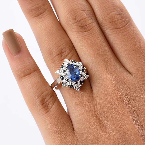 D'Joy Premium Kashmir Kyanite And Multi Gemstone 3.20 Ctw Supernova Bloom Ring In Rhodium Over Sterling Silver